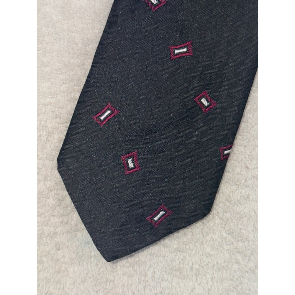 The Mens Store Tie Black Herringbone‎ Geometric Necktie Burgundy Silver Accents